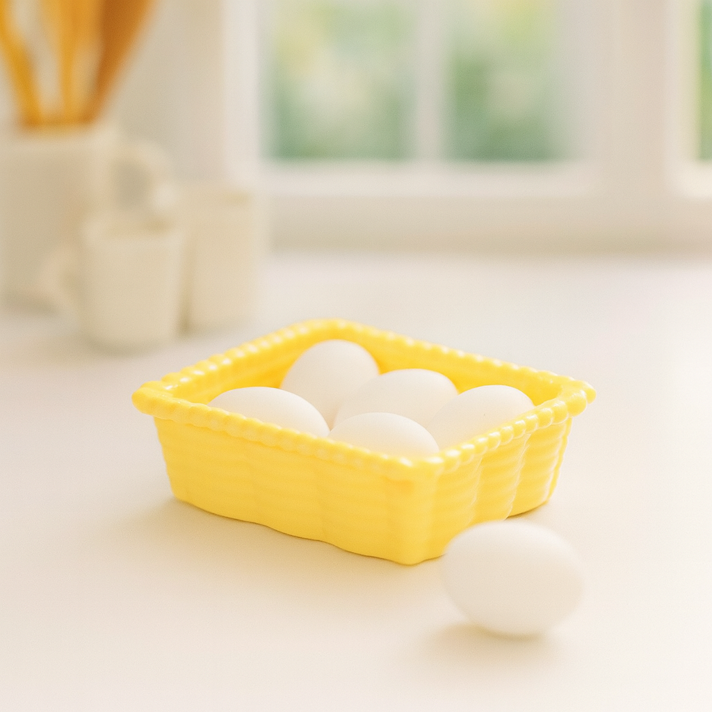 Miniatur Eier im gelben Korb aus Kunststoff, Wichtel Zubehör für Küche und Geldgeschenke
