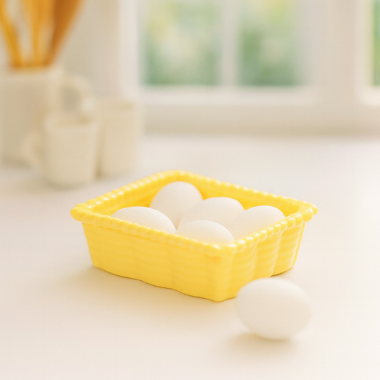 Miniatur Eier im gelben Korb aus Kunststoff, Wichtel Zubehör für Küche und Geldgeschenke