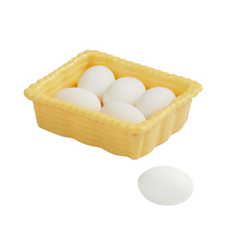 Miniatur Eier im gelben Korb aus Kunststoff, Wichtel Zubehör für Küche und Geldgeschenke