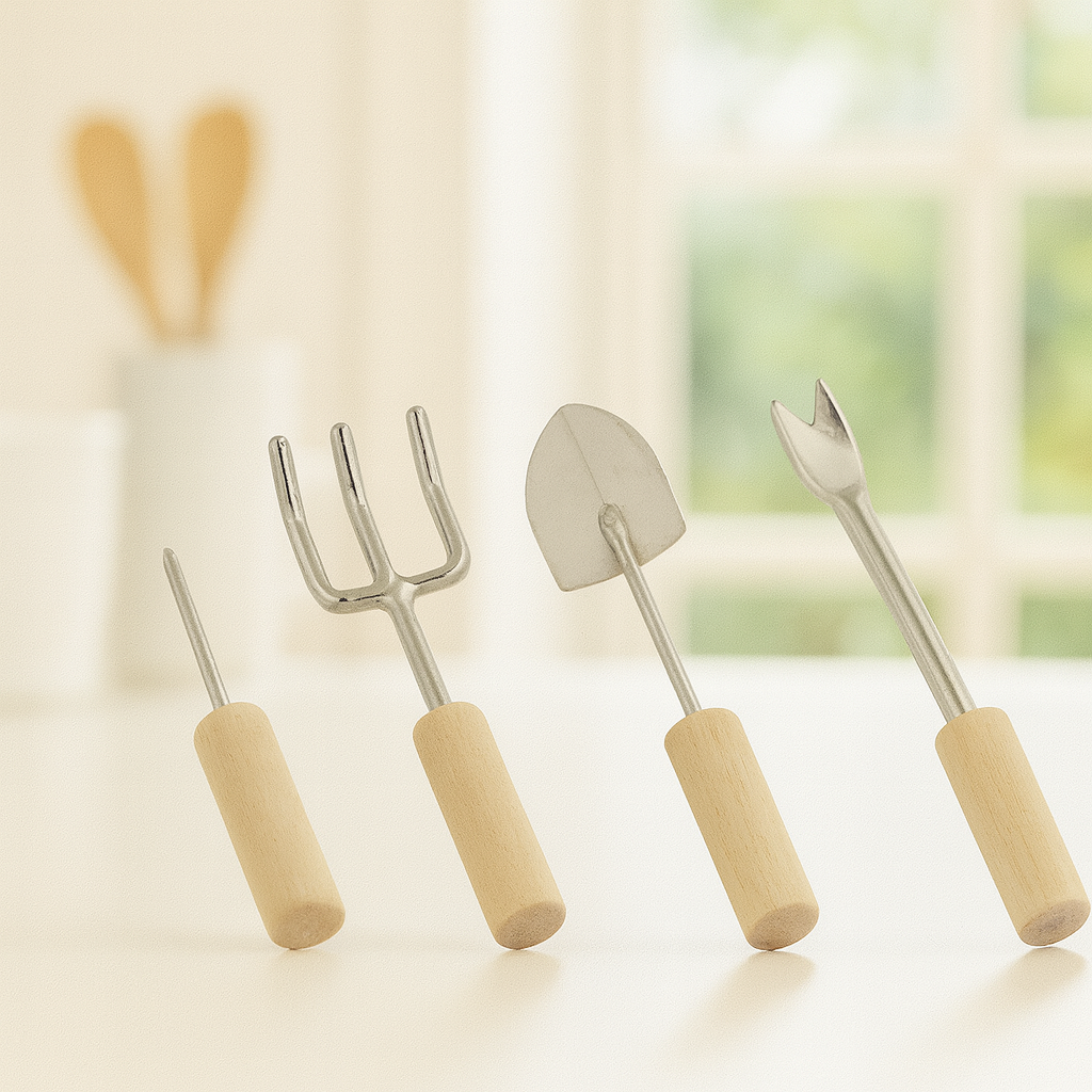 Miniatur Gartenwerkzeug Set 4-teilig aus Holz und Metall, Wichtel Zubehör für Garten und Geldgeschenke