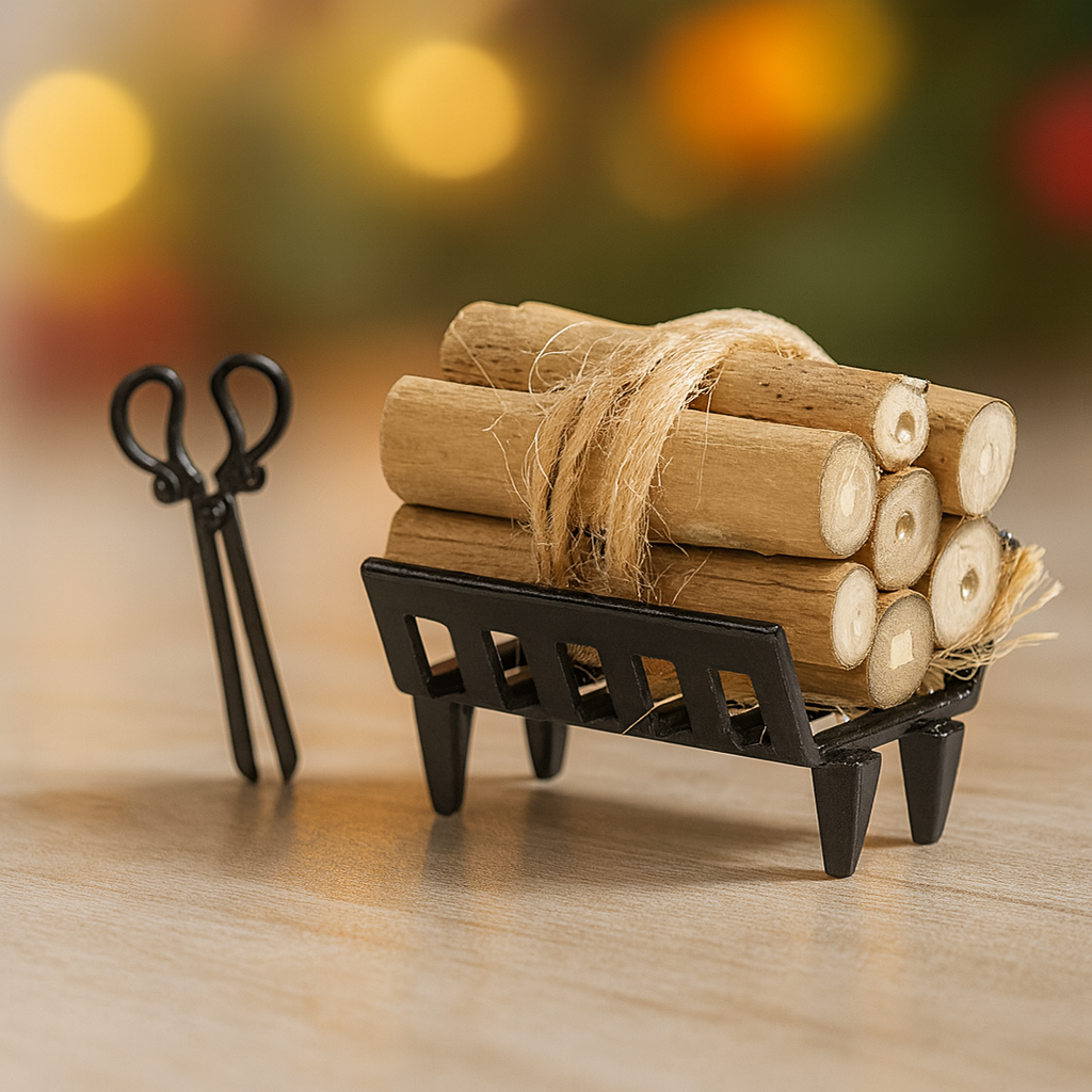 Miniatur Kamin Set 3-teilig mit Holzscheiten, Rost und Zange, Wichtel Zubehör für Wichtelhaus und Geldgeschenke