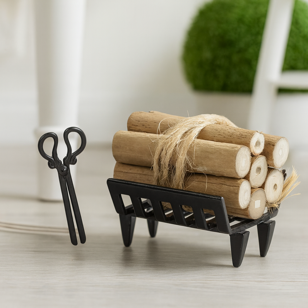 Miniatur Kamin Set 3-teilig mit Holzscheiten, Rost und Zange, Wichtel Zubehör für Wichtelhaus und Geldgeschenke