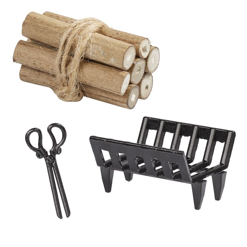 Miniatur Kamin Set 3-teilig mit Holzscheiten, Rost und Zange, Wichtel Zubehör für Wichtelhaus und Geldgeschenke