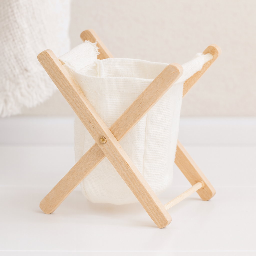 Miniatur Wäschesack mit Holzgestell und Stoffeinsatz, Wichtel Zubehör für Wichtelhaus und Geldgeschenke