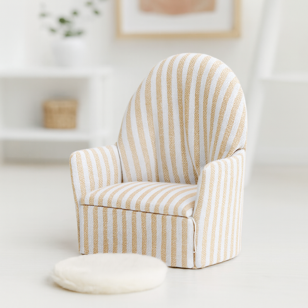 Miniatur Sessel gestreift aus Stoff ca. 8×6 cm, Wichtel Wohnzimmer Zubehör und Deko für Geldgeschenke