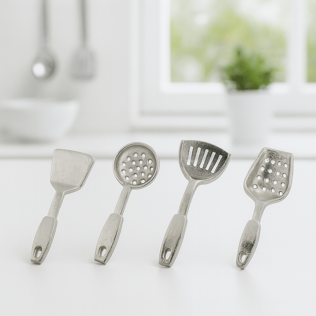 Miniatur Küchenzubehör 4-teilig silberfarben ca. 3 cm als Wichtel Zubehör für Wichtelhaus