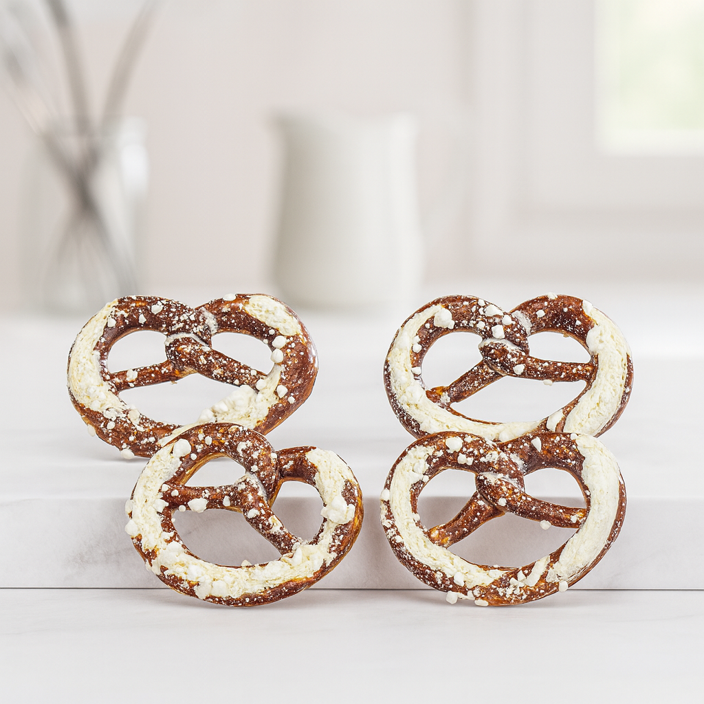 Miniatur Brezeln 4 Stück, ca. 3 cm, realistische Salzbrezeln aus Polyresin