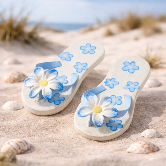 Miniatur Badelatschen blau weiß geblümt mit Blume aus Holz Metall 4,5 cm maritim Sommer Dekofigur für Diorama Puppenhaus