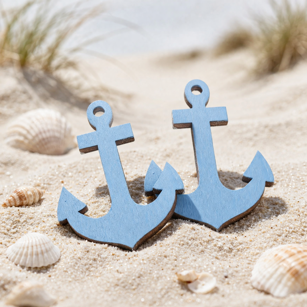 Zwei kleine blaue Holz Anker Miniaturen mit sichtbarer Holzstruktur, maritime Streudeko