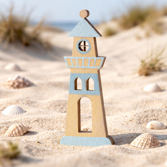 Miniatur Leuchtturm aus Holz in Blau und Naturfarben mit Balkon und Fenstern, maritime Dekoration