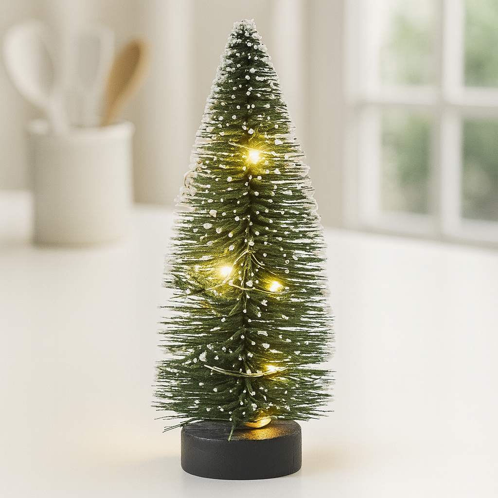Miniatur Tanne grün mit Schnee und LED-Beleuchtung 20 cm als Wichtel Zubehör zu Weihnachten