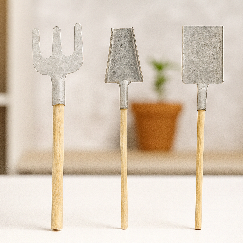 Miniatur Gartenwerkzeug 3-teilig aus Holz/Metall, silber-natur, 13 cm – Wichtel Zubehör