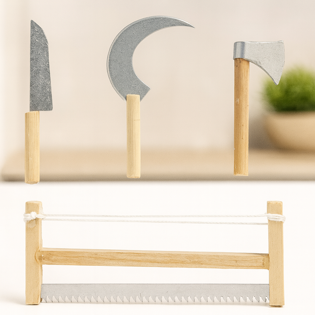 Miniatur Werkzeug-Set 4-teilig aus Holz/Metall silber-natur 5–8 cm – Wichtel Zubehör