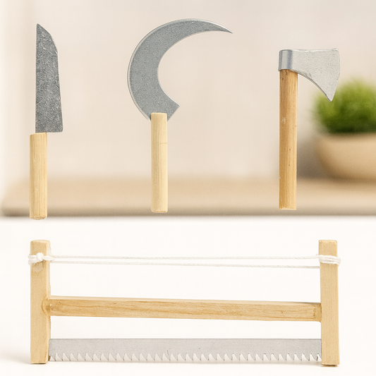 Miniatur Werkzeug-Set 4-teilig aus Holz/Metall silber-natur 5–8 cm – Wichtel Zubehör