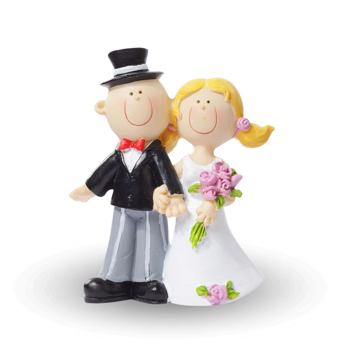 Hochzeitsfigur Brautpaar aus Polyresin 9cm mit Zylinder, Brautkleid und rosa Blumenstrauß als Tischdekoration und Geldgeschenk im Bilderrahmen