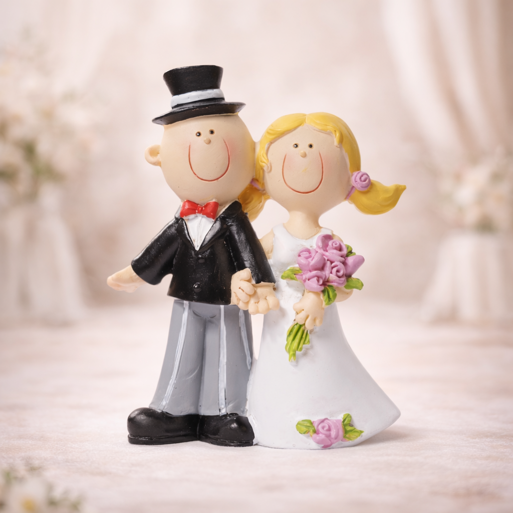 Hochzeitsfigur Brautpaar aus Polyresin 9cm mit Zylinder, Brautkleid und rosa Blumenstrauß als Tischdekoration und Geldgeschenk im Bilderrahmen