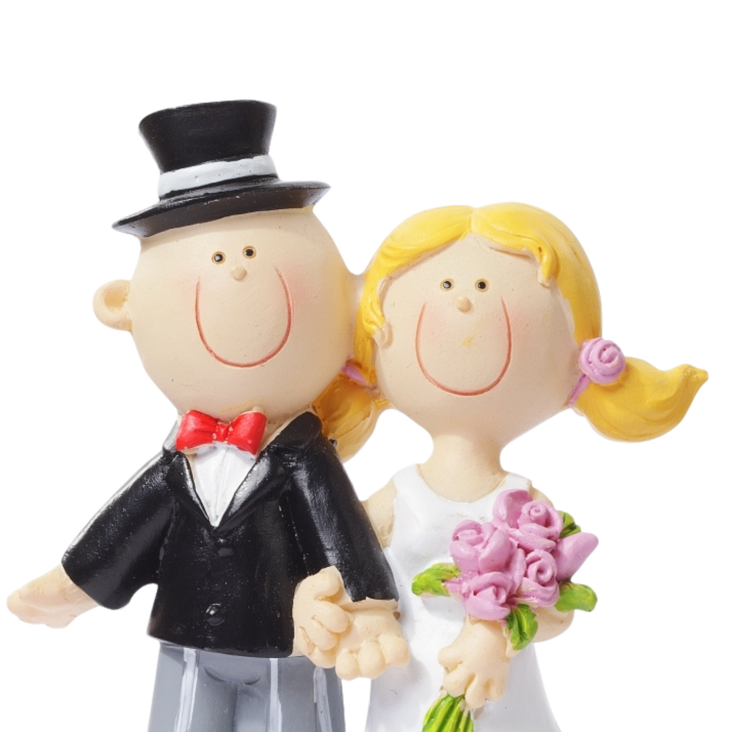 Hochzeitsfigur Brautpaar aus Polyresin 9cm mit Zylinder, Brautkleid und rosa Blumenstrauß als Tischdekoration und Geldgeschenk im Bilderrahmen