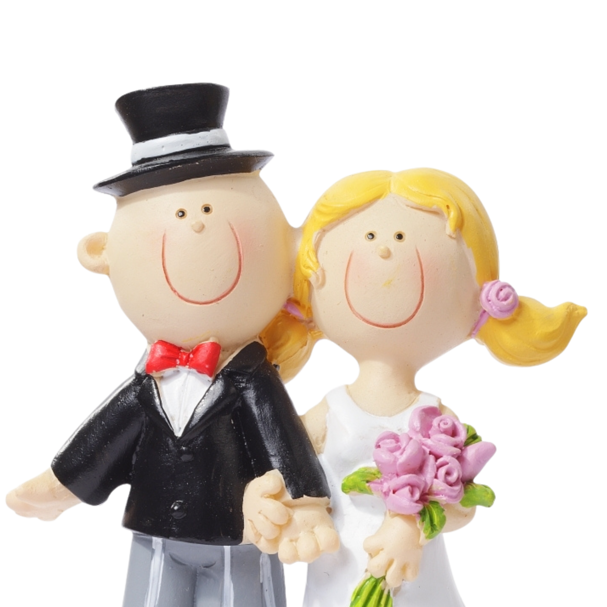 Hochzeitsfigur Brautpaar aus Polyresin 9cm mit Zylinder, Brautkleid und rosa Blumenstrauß als Tischdekoration und Geldgeschenk im Bilderrahmen