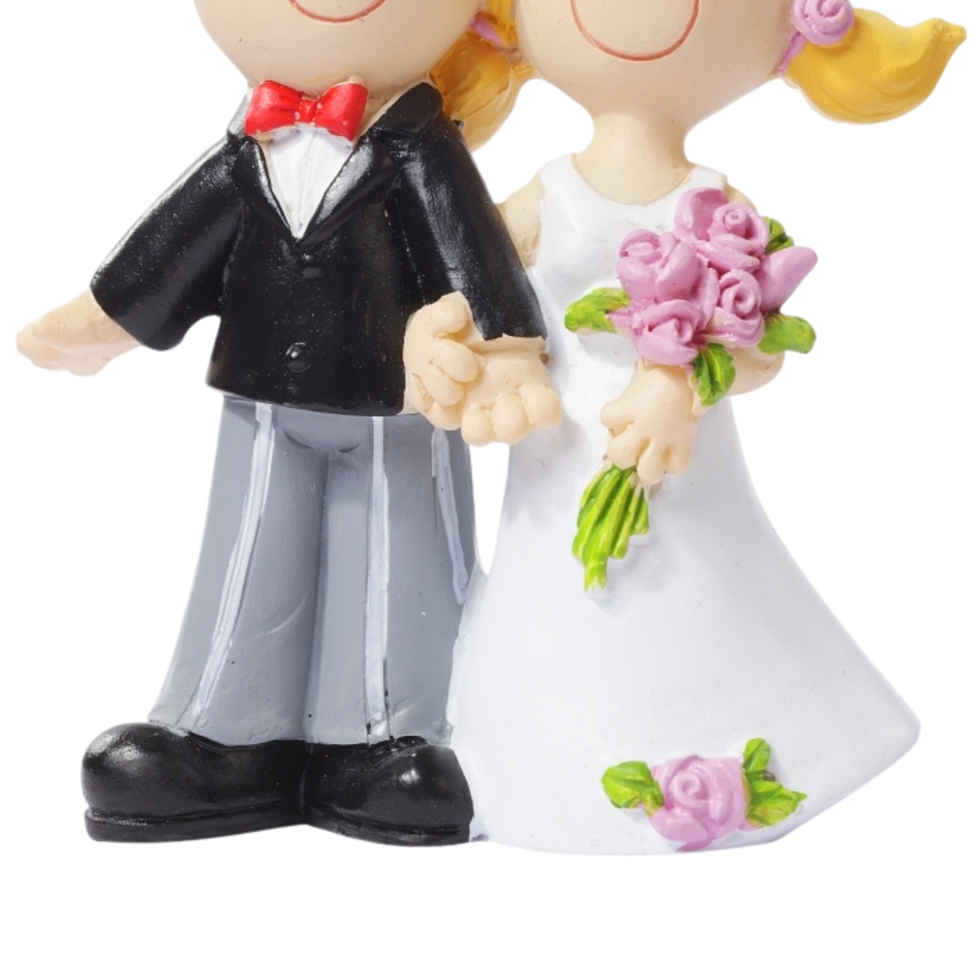 Hochzeitsfigur Brautpaar aus Polyresin 9cm mit Zylinder, Brautkleid und rosa Blumenstrauß als Tischdekoration und Geldgeschenk im Bilderrahmen