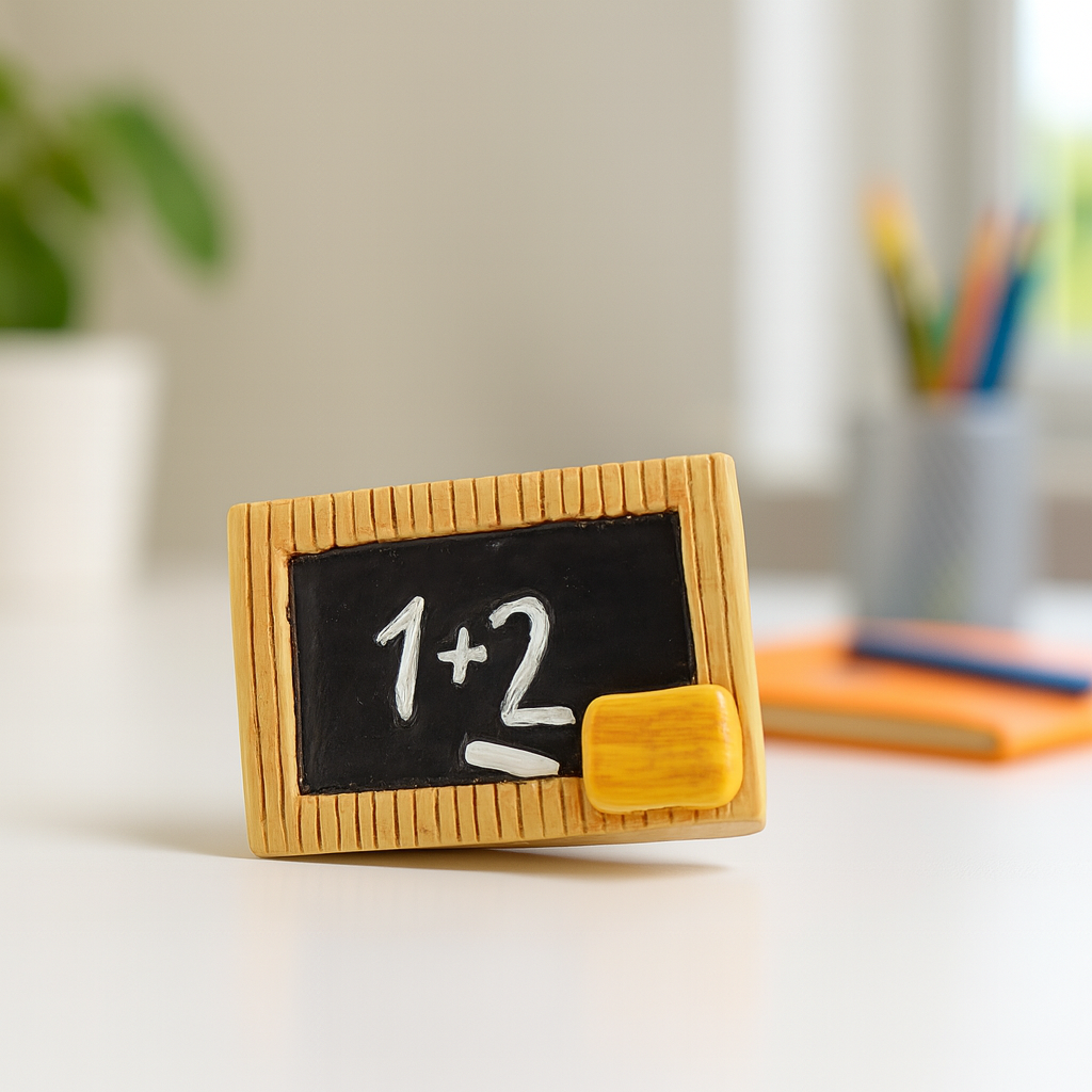 Miniatur Schultafel 4×3 cm aus Polyresin mit aufgemalter 1+2 und Kreide