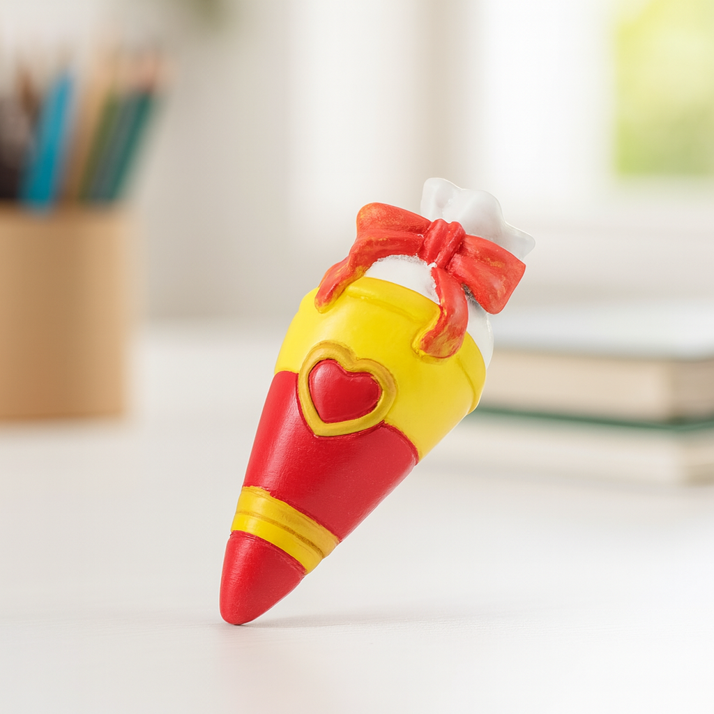 Miniatur Schultüte 5,5 cm aus Polyresin in Rot-Gelb mit Herz und Schleife