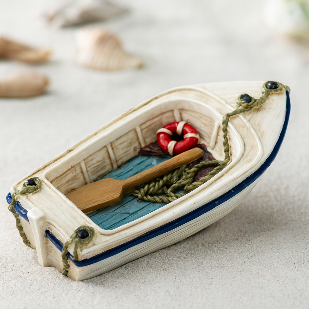 Dekofigur Ruderboot Miniatur 7cm Polyresin maritim Sommer Urlaub Tischdeko Diorama Modellbau Puppenhaus mit Ruder und Rettungsring