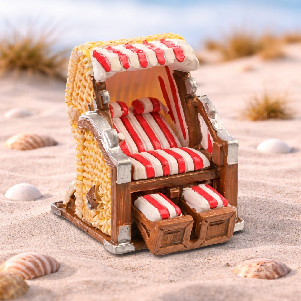 Miniatur Strandkorb rot weiß 3,5cm aus Polyresin maritimes Sommer Dekofigur für Diorama Modellbau Puppenhaus Tischdekoration