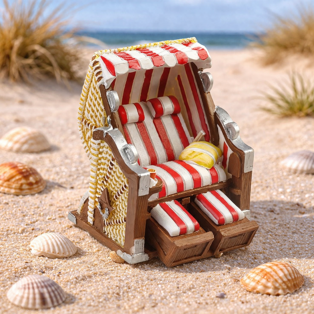 Miniatur Strandkorb rot weiß 6,5cm aus Polyresin mit Kissen maritimes Sommer Dekofigur für Diorama Modellbau Puppenhaus