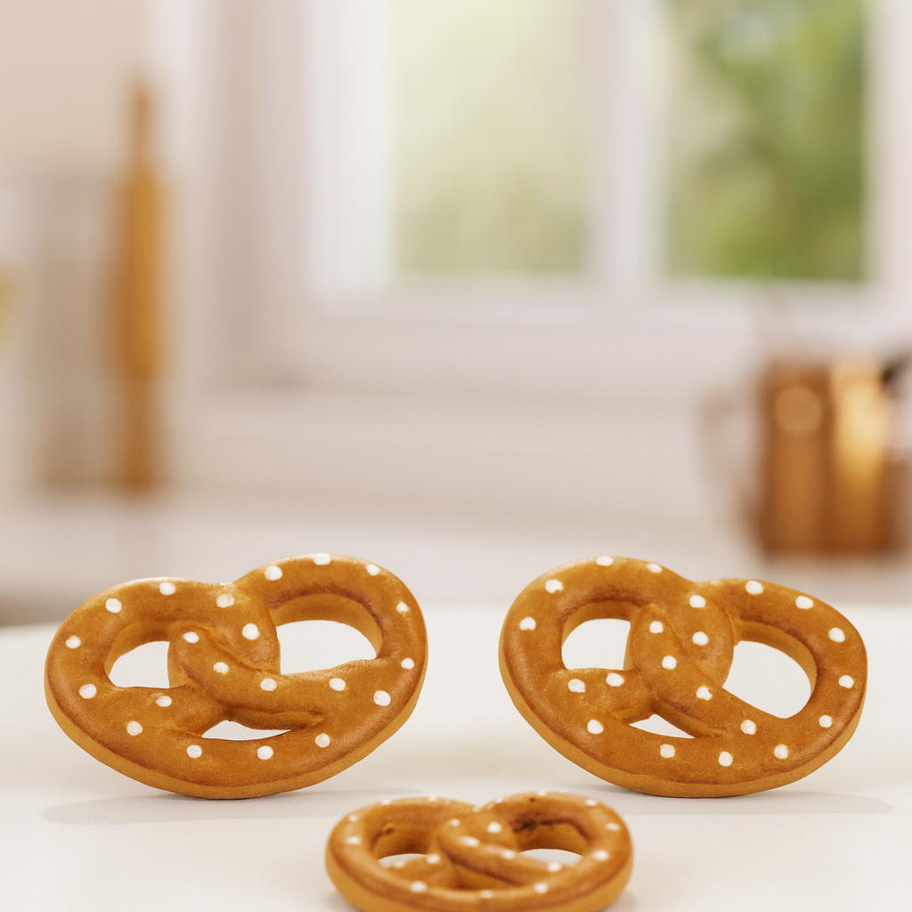 Miniatur Brezeln 4 Stück, ca. 2,5 cm, mit Klebepad, aus Polyresin