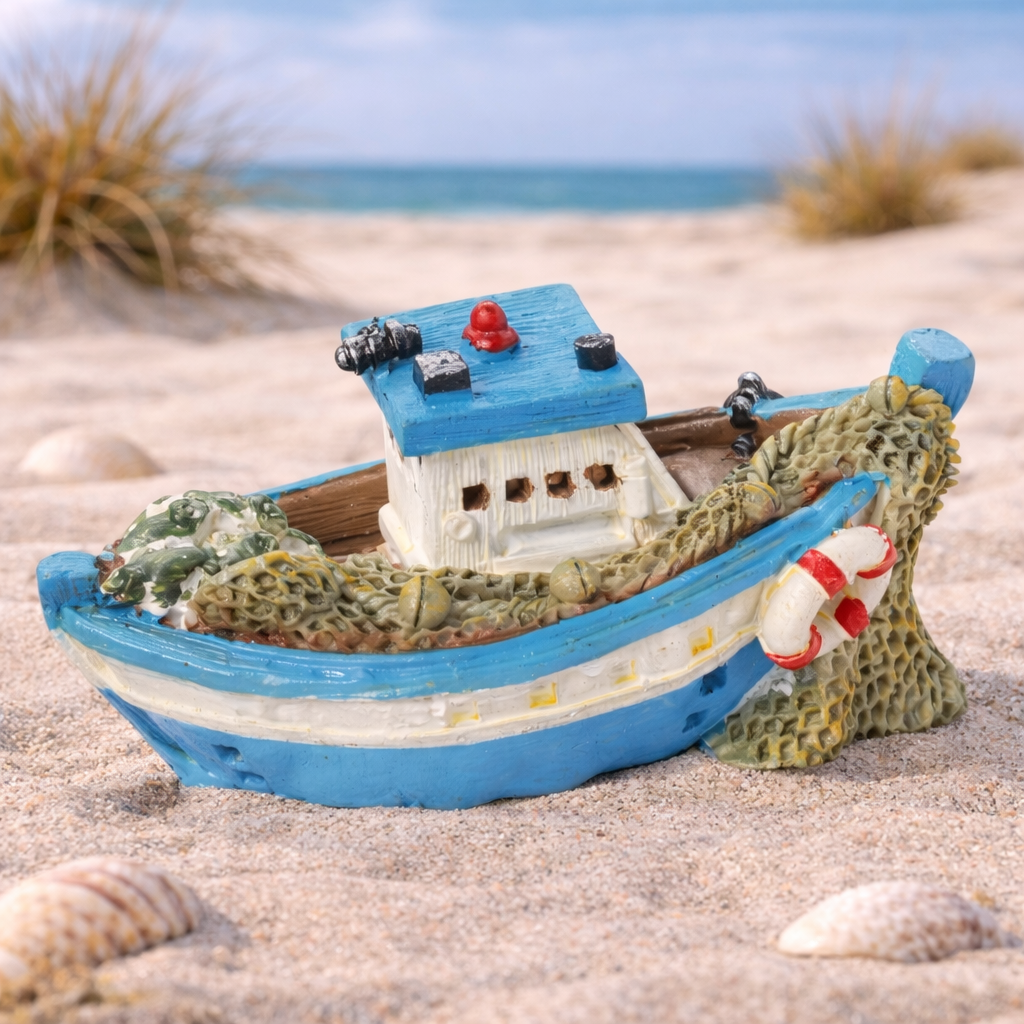 Fischerboot Dekofigur blau weiß aus Polyresin 6,5 cm maritim für Diorama Modellbau Tischdekoration Puppenhaus
