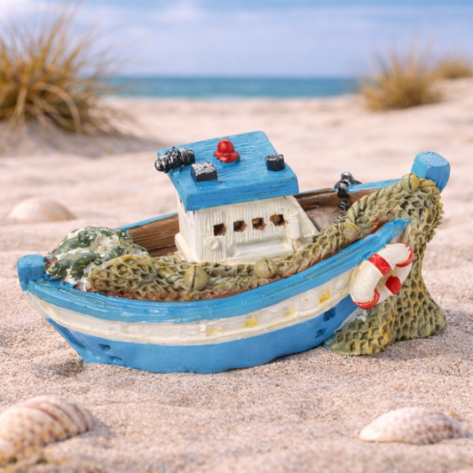 Fischerboot Dekofigur blau weiß aus Polyresin 6,5 cm maritim für Diorama Modellbau Tischdekoration Puppenhaus