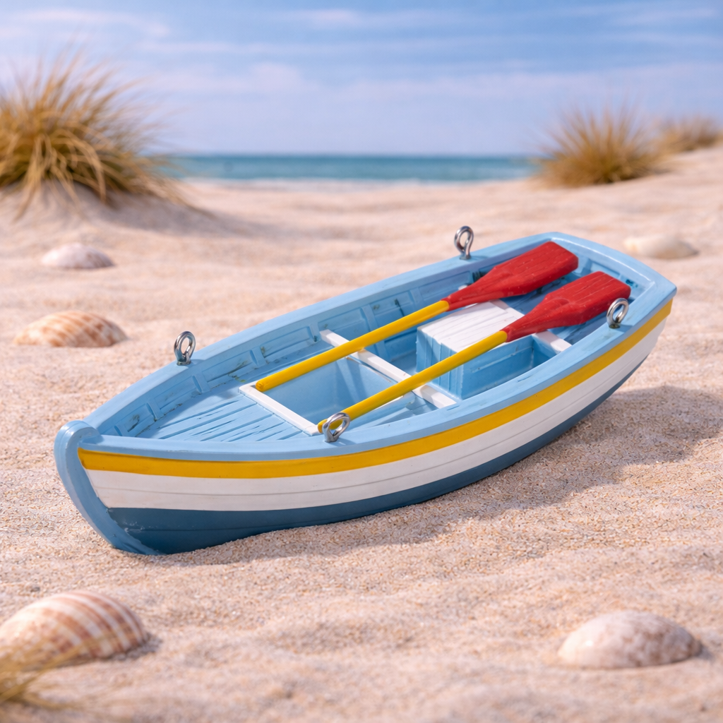 Miniatur Ruderboot blau weiß aus Polyresin mit Rudern maritimes Deko Zubehör für Diorama Modellbau Puppenhaus Sommer Urlaub