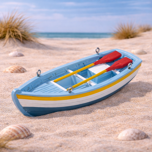Miniatur Ruderboot blau weiß aus Polyresin mit Rudern maritimes Deko Zubehör für Diorama Modellbau Puppenhaus Sommer Urlaub