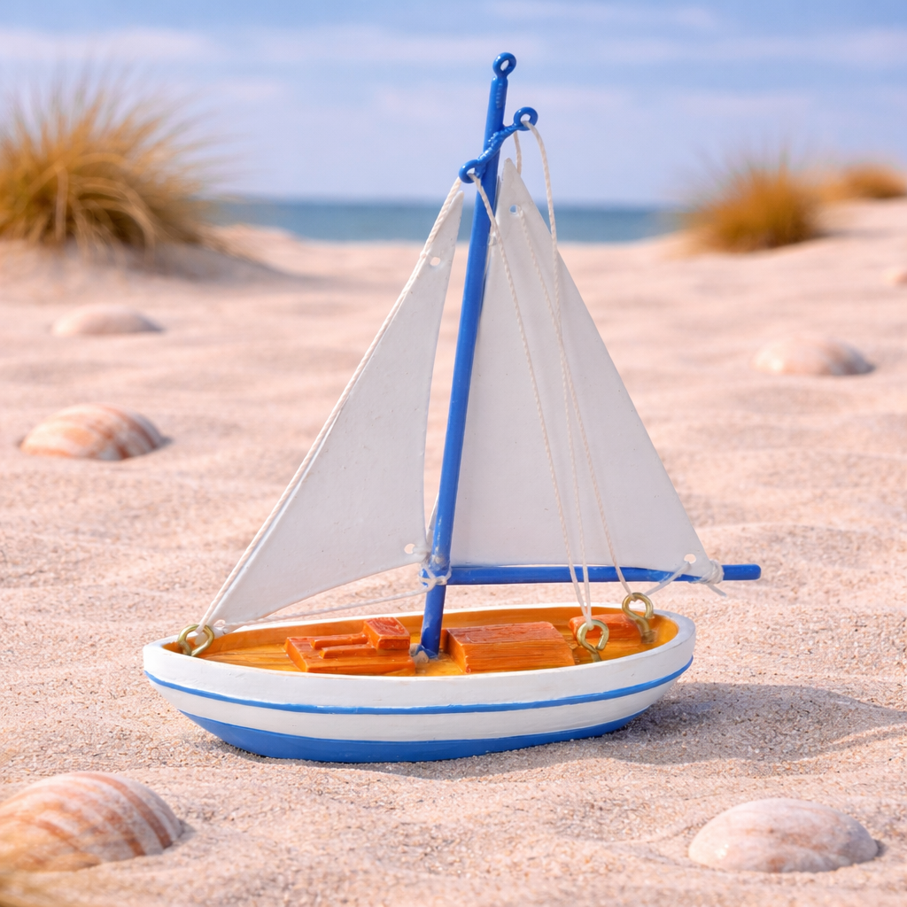 Miniatur Segelboot Segelschiff blau weiß aus Polyresin 7x11 cm maritime Dekofigur für Diorama Modellbau Puppenhaus Sommer Tischdeko