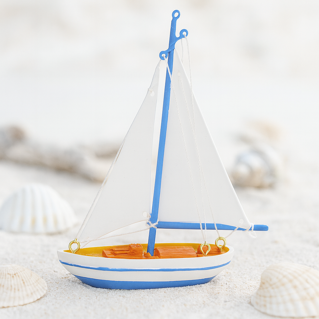 Miniatur Segelboot Segelschiff blau weiß aus Polyresin 7x11 cm maritime Dekofigur für Diorama Modellbau Puppenhaus Sommer Tischdeko