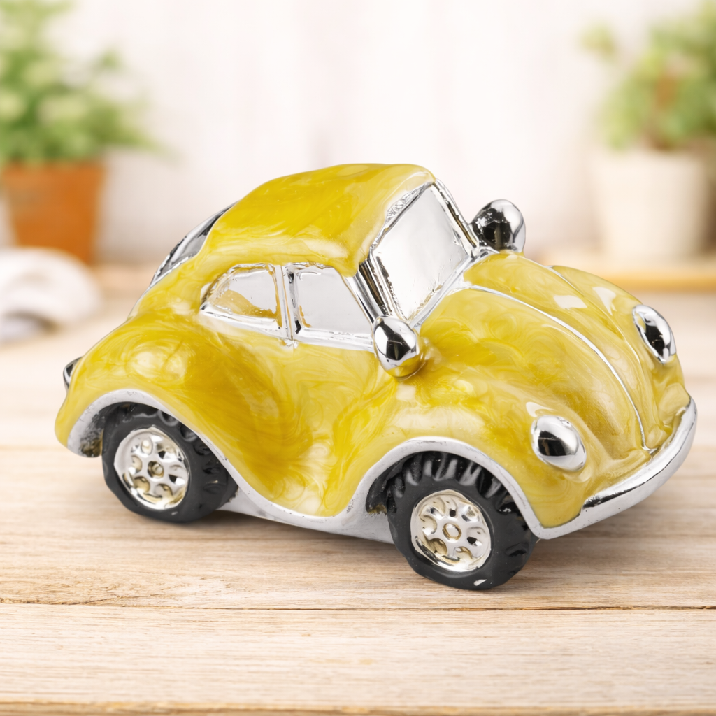 Dekofigur Mini Käfer Auto gelb 4,5 cm aus Polyresin Miniatur für Diorama Modellbau Tischdekoration Geldgeschenk Zubehör