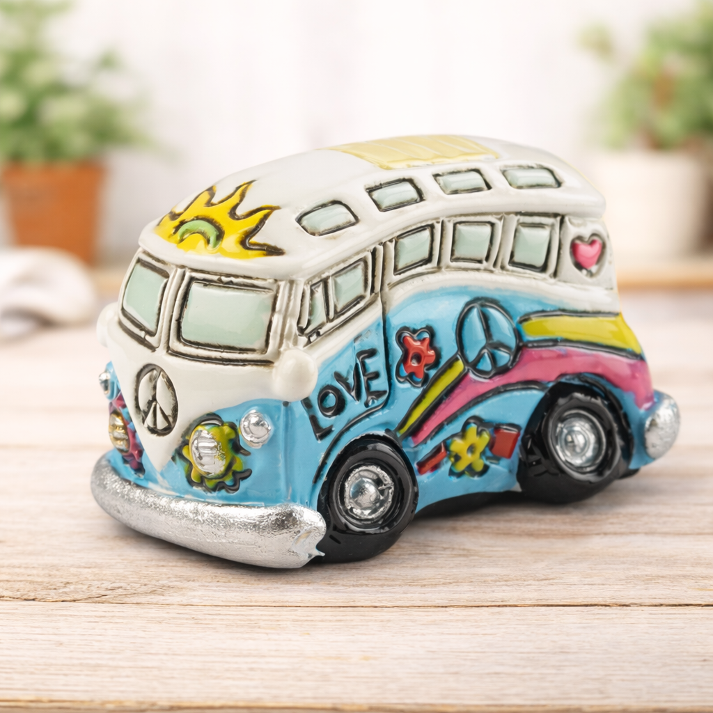Flower Power Bus Miniatur aus Polyresin 3,8 cm bunt – Dekofigur für Geldgeschenk Zubehör, Bastelarbeit, Diorama und Puppenhaus