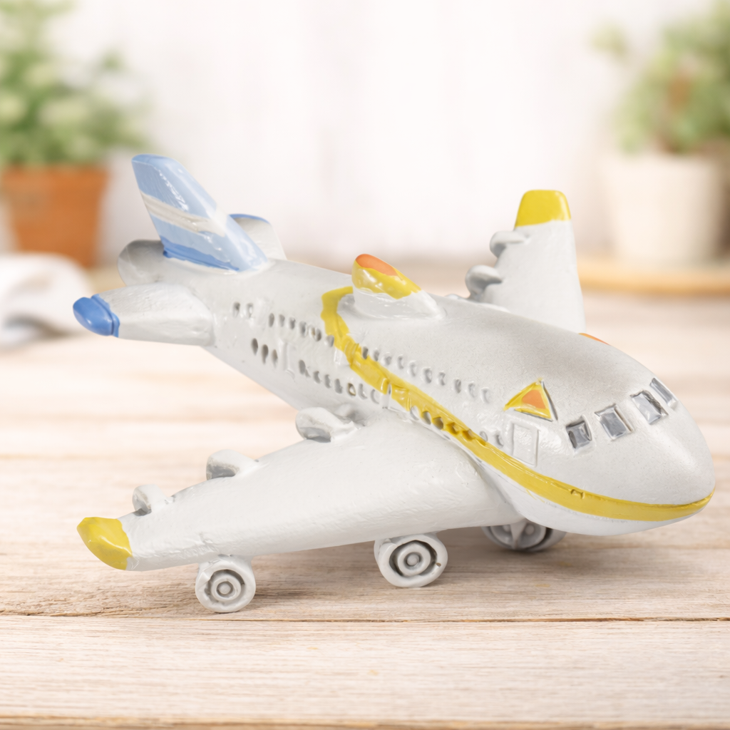Flugzeug Miniatur Dekofigur aus Polyresin ca. 6cm weiß gelb blau für Reisen Urlaub Geldgeschenk Diorama Modellbau Puppenhaus