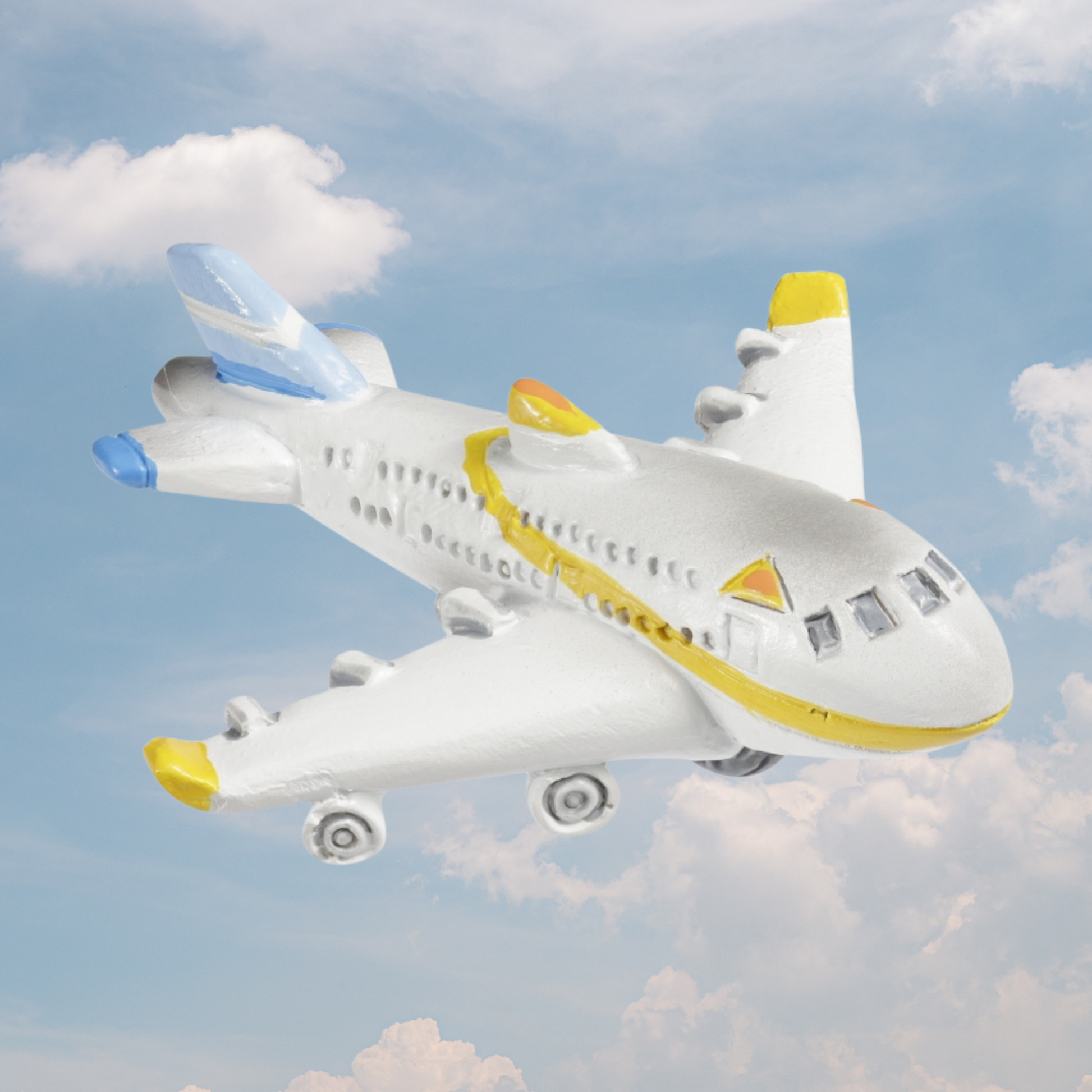 Flugzeug Miniatur Dekofigur aus Polyresin ca. 6cm weiß gelb blau für Reisen Urlaub Geldgeschenk Diorama Modellbau Puppenhaus