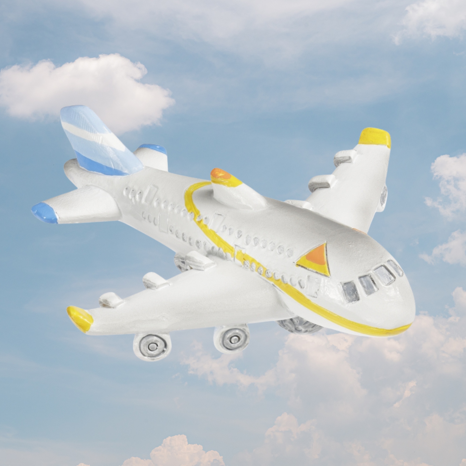 Flugzeug Miniatur Dekofigur aus Polyresin ca. 9cm weiß gelb blau für Reisen Urlaub Geldgeschenk Diorama Modellbau Puppenhaus