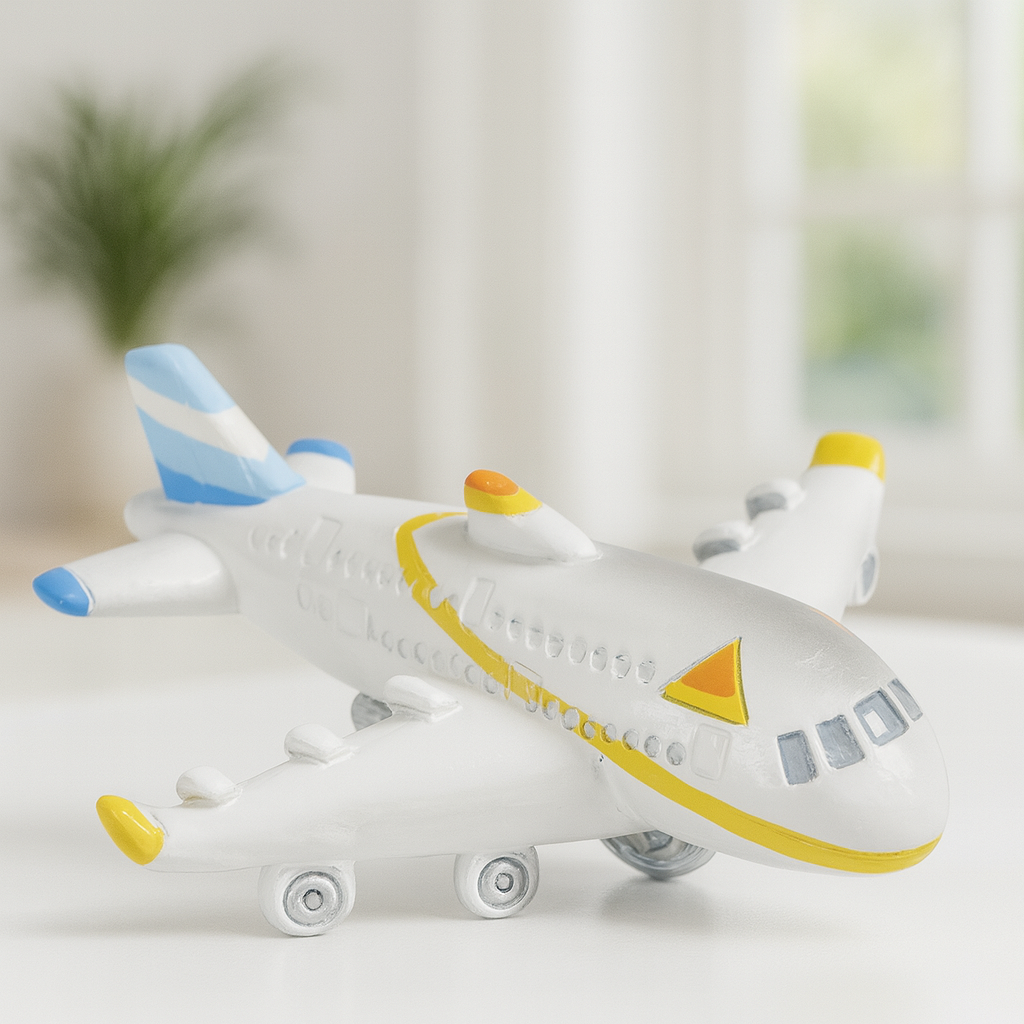 Flugzeug Miniatur Dekofigur aus Polyresin ca. 9cm weiß gelb blau für Reisen Urlaub Geldgeschenk Diorama Modellbau Puppenhaus