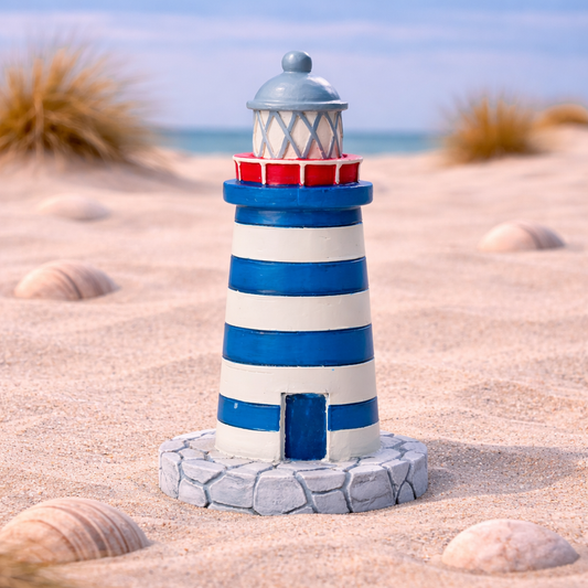 Leuchtturm Miniatur 7,5 cm blau weiß aus Polyresin maritime Dekofigur für Urlaub Geldgeschenk Diorama Modellbau Puppenhaus