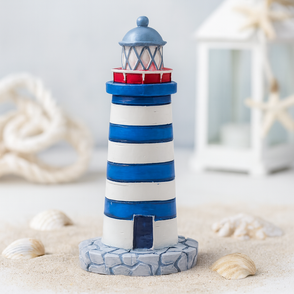 Leuchtturm Miniatur 7,5 cm blau weiß aus Polyresin maritime Dekofigur für Urlaub Geldgeschenk Diorama Modellbau Puppenhaus