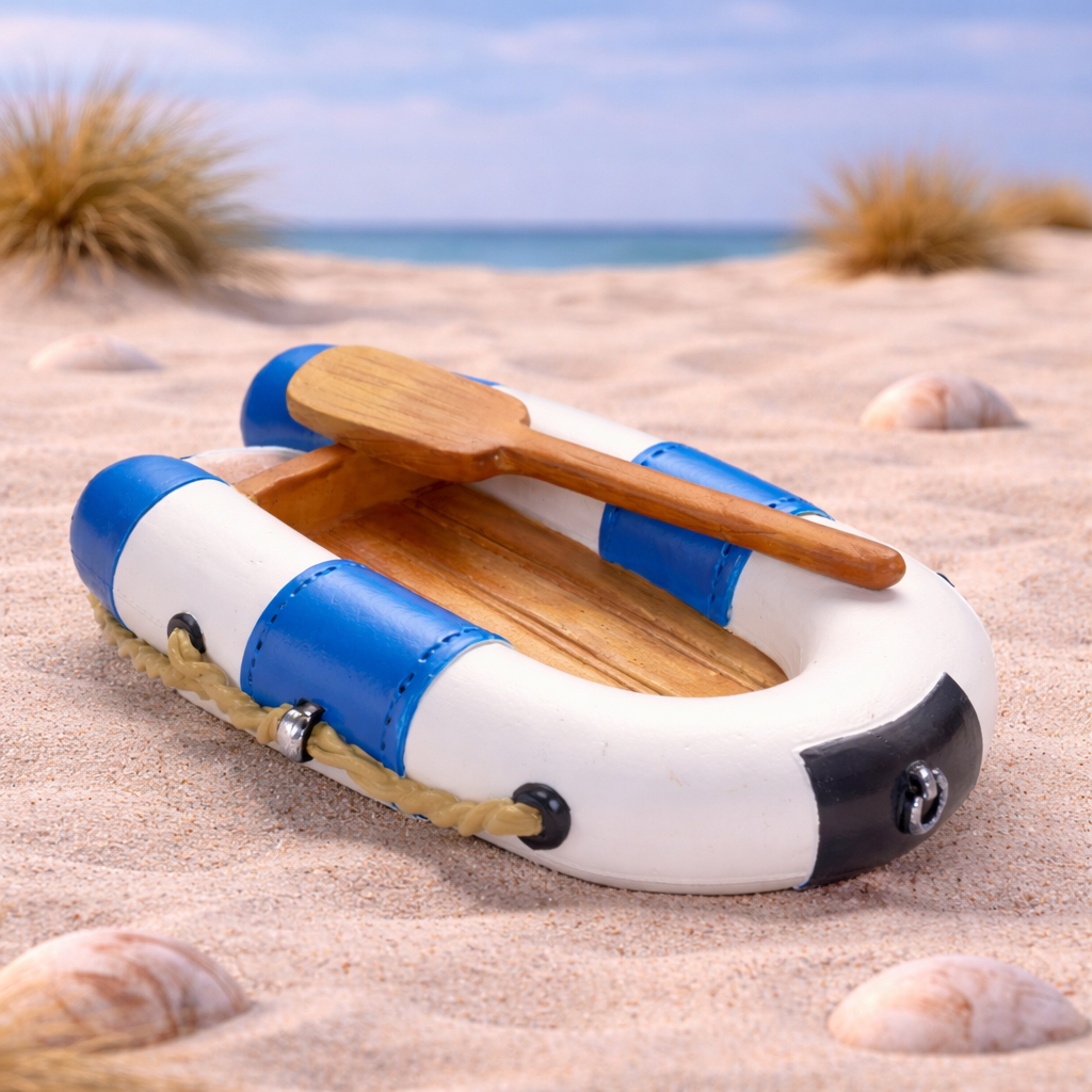 Schlauchboot Miniatur Dekofigur aus Polyresin 7x5 cm weiß blau mit Paddel maritim Urlaub Geldgeschenk Zubehör Modellbau Puppenhaus