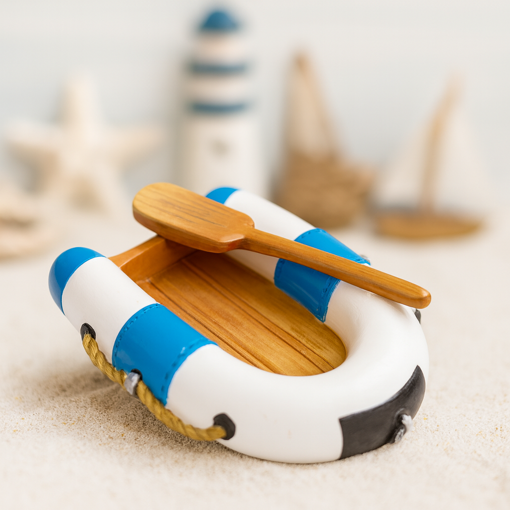 Schlauchboot Miniatur Dekofigur aus Polyresin 7x5 cm weiß blau mit Paddel maritim Urlaub Geldgeschenk Zubehör Modellbau Puppenhaus
