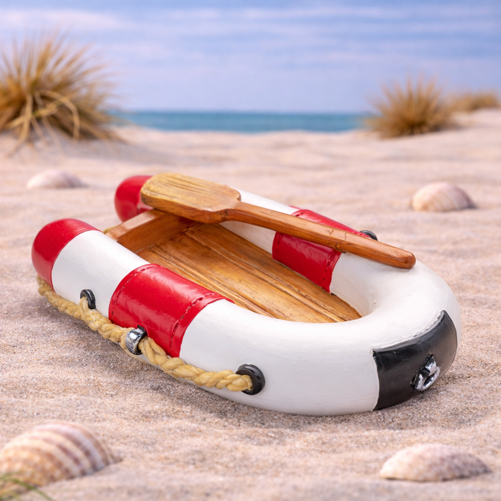 Schlauchboot Miniatur rot weiß Dekofigur aus Polyresin 7x5 cm mit Paddel maritim Urlaub Geldgeschenk Zubehör Modellbau Puppenhaus