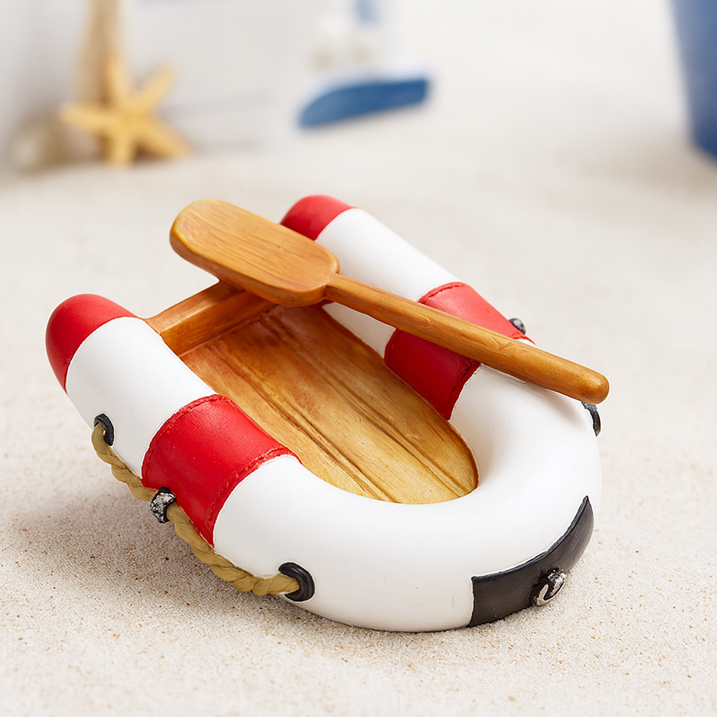 Schlauchboot Miniatur rot weiß Dekofigur aus Polyresin 7x5 cm mit Paddel maritim Urlaub Geldgeschenk Zubehör Modellbau Puppenhaus