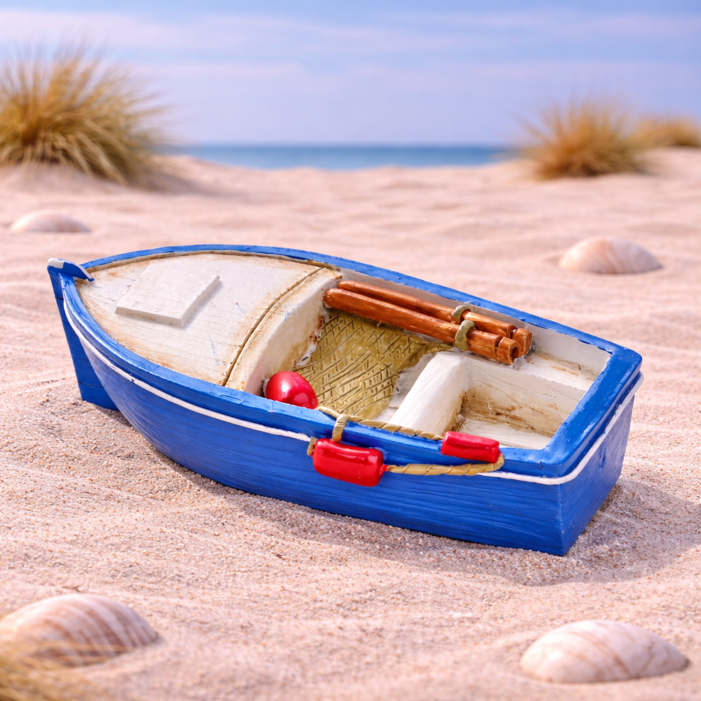 Ruderboot Miniatur blau weiß aus Polyresin 6x3cm maritimes Boot für Diorama Modellbau Puppenhaus Geldgeschenk Zubehör