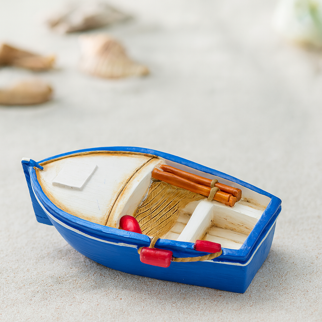 Ruderboot Miniatur blau weiß aus Polyresin 6x3cm maritimes Boot für Diorama Modellbau Puppenhaus Geldgeschenk Zubehör