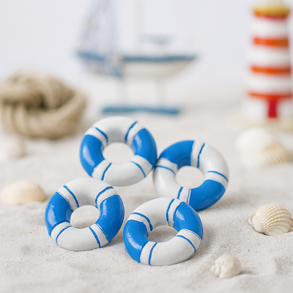 Rettungsring Miniatur 4er Set 2,3cm 2D Polyresin blau weiß mit Klebepunkt Dekofigur für Diorama Modellbau Puppenhaus Geldgeschenk Zubehör